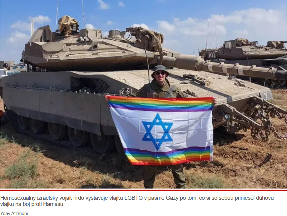 Homosexuálny izraelský vojak hrdo vyvesuje vlajku LGBTQ na pôde Gazy vo vojne proti Hamasu